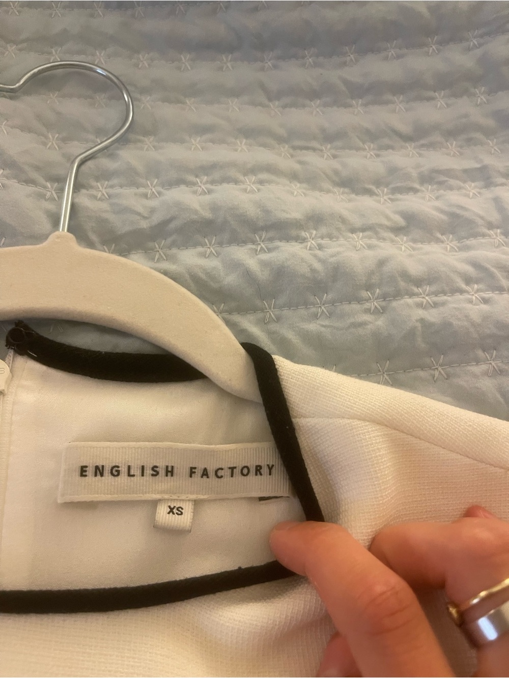 English Factory Short Sleeve White Shift Dress with Black Trim and Bow Pockets - Picture 3 of 3